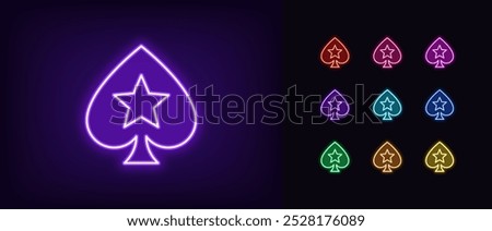 Outline neon poker spade icon set. Glowing neon spade suit with star icon, outline silhouette. Royal poker game, spades ace, play card suit, poker superstar, casino playroom, jackpot. Vector icons