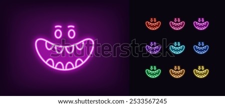 Outline neon laugh mouth icon set. Glowing neon cartoon monster face with laughing mouth, haha expression. Laughter emoticon, crazy smile, funny joke, comic emoji, monster giggle. Vector icons