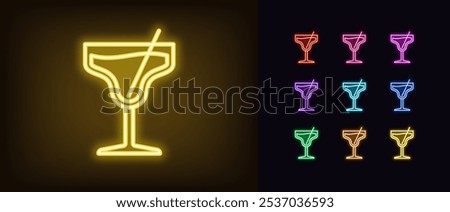 Outline neon cocktail icon set. Glowing neon cocktail glass with beverage and straw, alcohol drinks menu. Margarita cocktail, drinks bar, relax party, alcohol beverage, cheer and vacation. Vector icon