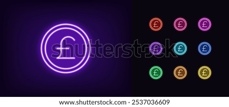 Outline neon pound coin icon set. Glowing neon coin with pound sterling sign, digital money token. GBP currency, financial market and trade, money earn, finance budget, bank cash. Vector icons