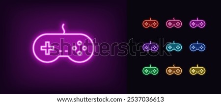 Outline neon retro gamepad icon set. Glowing neon retro joystick for arcade games, videogame station controller. Vintage gamepad, retro computer games, play console, cybersport club. Vector icons