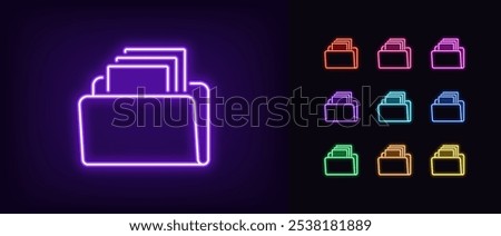 Outline neon file archive icon set. Glowing neon digital folder with documents, data storage organize. File management, digital data catalog, document copy repository, database archive. Vector icons