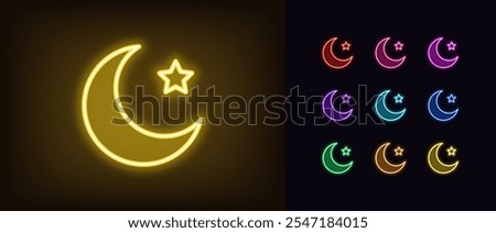 Outline neon crescent icon set. Glowing neon crescent with star, half moon icon. Crescent for Islamic holidays, Ramadan. Magic dream, moon phase and cycle, night and sleep time. Vector icons