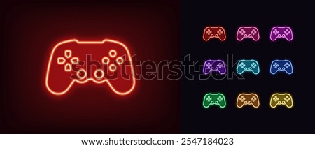 Outline neon gamepad icon set. Glowing neon wireless joystick for arcade games, videogame station controller. Wireless gamepad, computer games, play console, cybersport club, gaming zone. Vector icons