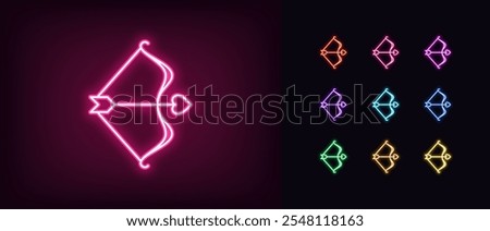 Outline neon cupid bow icon set. Glowing neon cupid bow with arrow and heart tip. Love archer, heart hunter, amour arrow, romantic relationship, archery, love target, valentine day. Vector icons