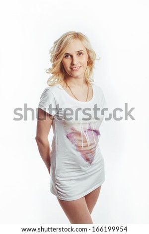 blonde woman in white clothes on white background