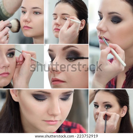 Collage of several photos for beauty industry. Professional Make-up.