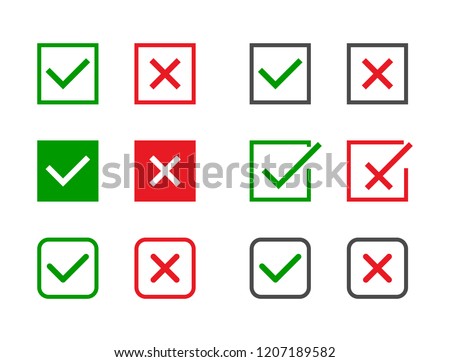 Check marks set. Green tick and red cross in different shapes. YES or NO accept and decline symbol. Vector icons for internet buttons or web page. Vector illustration.