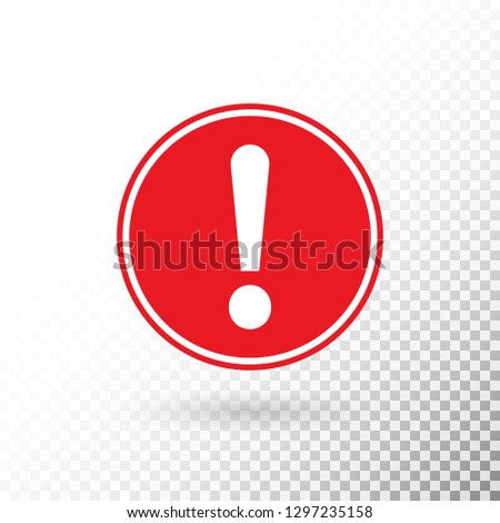 Exclamation mark in red circle isolated on transparent background. Warning symbol. Attention button. Exclamation mark icon in flat style. Red circle warning sign. Vector illustration.