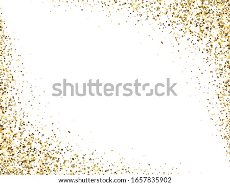 Glitter gold frame with space for text. Luxury glitter decoration border. Golden sparkles and dust on white background. Bright design for Christmas, Birthday, Wedding. Vector illustration