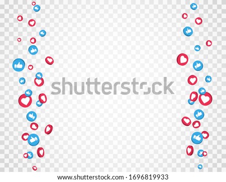 Like and thumbs up icons frame. Social media elements falling on transparent background. 3d social network symbol. Counter notification icons frame. Emoji reactions. Vector illustration.