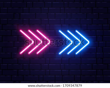 Arrow neon on brick wall. Realistic shining signboard. Glowing arrow pointers icon. Color neon banner. Night bright advertising. Vector illustration.