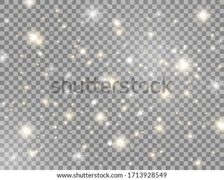 Glow light effect decoration. Bright golden and white sparkles on transparent background. Glitter magic dust particles. Shining stars composition. Sun flash. Christmas design. Vector illustration.