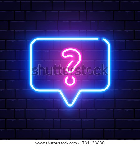 Neon glowing question mark. Quiz neon banner. Color neon frame on brick wall. Realistic bright night signboard. Shining neon speech bubble. Vector illustration.