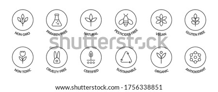 Organic cosmetic labels set. Product free allergen line icons. GMO free emblems. Organic stickers. Natural products badges. Healthy eating. Vegan, bio food. Vector illustration.