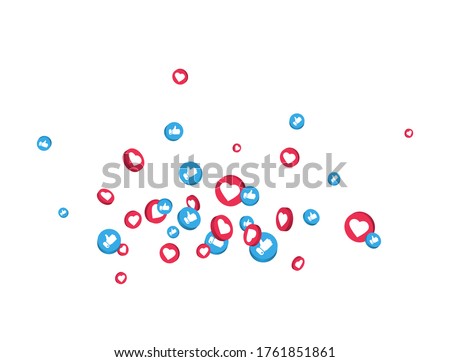 Like and thumbs up icons composition on white background. Social media elements. Counter notification border. 3d social network symbol. Emoji reactions. Vector illustration.