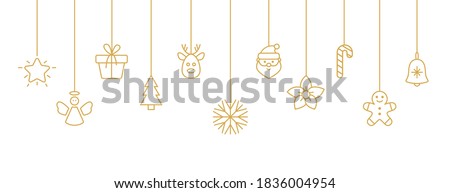 Holiday gold baubles with snowflake, santa, christmas tree, reindeer, candy cane, angel, gift box. Christmas hanging on white background. New year card. Party design elements. Vector illustration.