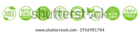 Non GMO labels. GMO free icons. Healthy organic food concept. No GMO design elements for tags, product packag, food symbol, emblems, stickers. Eco, vegan, bio. Vector illustration.
