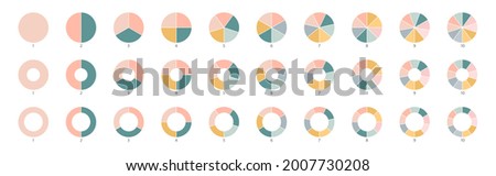 Wheel round diagram part symbol. Pie chart color icons. Segment slice sign. Circle section graph. 10,2,4,5 segment infographic. Three phase, six circular cycle. Geometric element. Vector illustration.