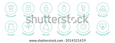 Zero waste line icons set. Recycle, reuse, reduce logo. Eco, bio pictogram. Ecology concept. Save the planet. Sort waste emblem. Sustainable package. Grow greens badge. Renewable. Vector illustration.