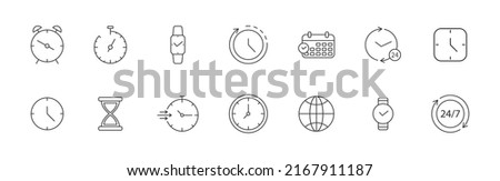 Time line icon set. Clock stroke symbol. Watch outline pictogram. Timer, stopwatch, alam thin label. Speed 24 hour. Calendar date. Business deadline. Hourglass tag. Management. Vector illustration.