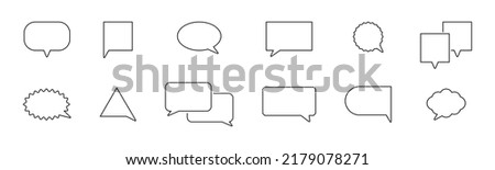 Speech bubble icons set. Dialog balloon. Speak line art text box. Talk chat cloud. Round graphic sticker. Think label. Communication empty banner. Message circle tag. Price sign. Vector illustration.