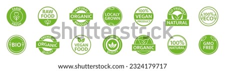 Organic, natural, bio product icon set. Gmo free. Healthy vegan food label. Farm fresh, locally grown badges. Eco friendly tag. Beauty product. Sustainable life. Premium quality. Vector illustration.
