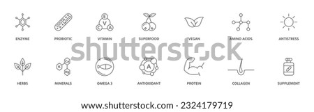 Organic, bio, vegan product label. Supplement and vitamin line icon set. Natural probiotic, protein, mineral sign for packaging. Healthy food. Detox diet badges. Nutrition sign. Vector illustration.