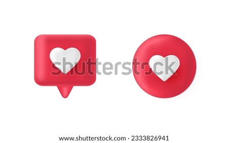 3d render red like icon set. Pink comment button. Social media bubble with heart. Love element. Notification label. Share tag. Notice people. Chat speech balloon. Emoji reaction. Vector illustration.