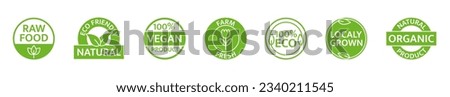 Natural product icon set. Gmo free. Organic food. Vegan, bio farm fresh badges. Locally grown. Healthy product label. Premium quality. Eco friendly tag. Sustainable life. Vector illustration.