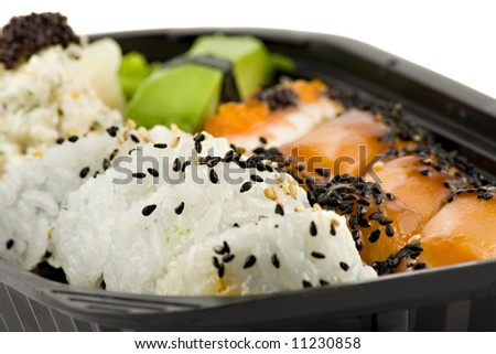 Sushi take-away meal isolated on white background