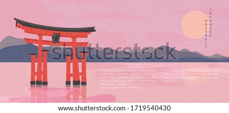 Oriental Japanese style abstract pattern background design travel nature landscape view of mountain lake and traditional Japanese gate Torii