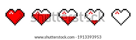 Filling red hearts descending pixel icon. Romantic abstract symbols with gradual loss love and fading warm feelings decoration for vector game industry.