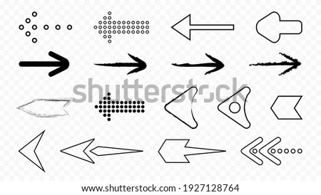 Contour and pixel black arrows isolated icons. Techno futuristic pointers from filled and empty geometric squares various shapes and vector directions.