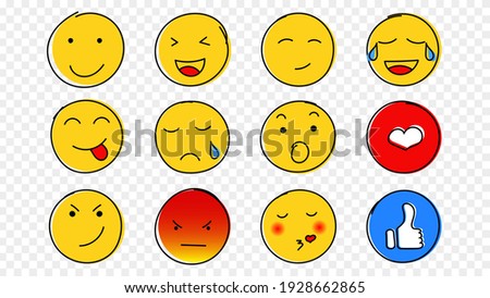 Yellow faces emotions hand drawn set. Smiling and laughing doodles with sketches of admiration and red anger sneering squinting and fooling around showing vector language.