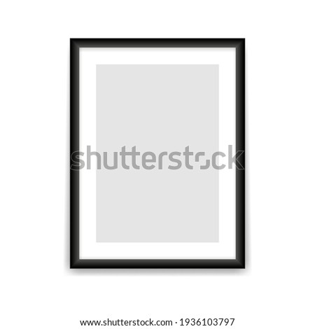 Black photo frame template. Blank rectangular vertical banner with empty gray center realistic design for picture and promotional vector image.