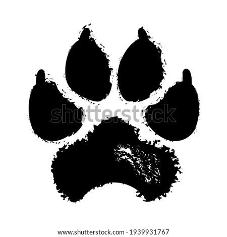 Smeared footprint of large dog icon. Old black mud rubbed footprint ferocious animal running after vector prey.
