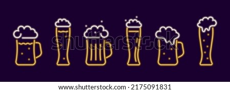 Mugs and glasses with neon beer set. Glowing yellow cup with refreshing drink with bubbles and white foam. Electric beer pub emblem for colorful vector design