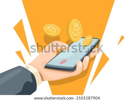 Bitcoin business - use phone to invest on bitcoin online, crypto-currency collecting and buying ideas. Vector illustration.