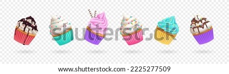 Set of realistic cupcakes with sprinkles, cream and icing isolated on transparent background. 3d vector illustration