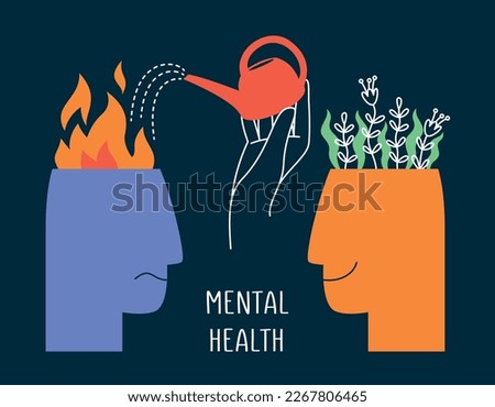 Mental health, happiness, mental health care, positive thinking, fighting negative emotions. A head with fire and a head with flowers, a hand with a watering can. Vector flat illustration