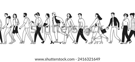 A crowd of people walking one after another. People are walking. Continuous series. Sequence. Men, women and teenagers walk. Vector illustration isolated in doodle style