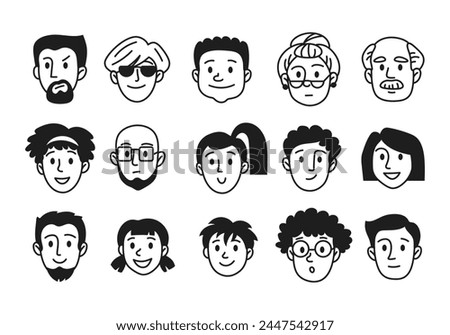 Set of hand drawn human faces doodles. Sketches of young, old, seniors, women, boys, girls, facial expressions, emotions isolated on a white background