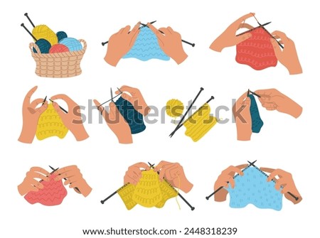 Set of hand knits. Handmade. Yarn, knitting needles. Vector flat linear illustration isolated on white