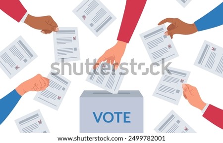 Election concept banner. Vote ballot box. Diversity group of people putting paper ballots into the ballot box. Fair voting and opinion. Vector illustration