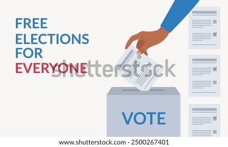 Election concept banner. Free elections for everyone. Ballot box. Black man hand putting ballot paper into ballot box. Fair vote and opinion. Vector illustration