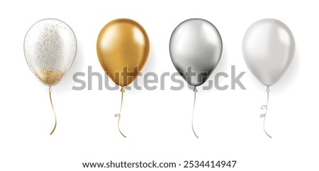 Set of realistic glossy air balloons isolated. Vector gold, silver, metallic, transparent with confetti and white festive 3d helium balloons