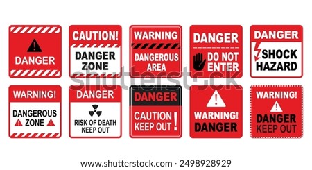 Warning, caution, dangerous, danger yellow signs for safety, hazard shock, keep out and caution warning and risk zone symbols area alert attention isolated vector signs.