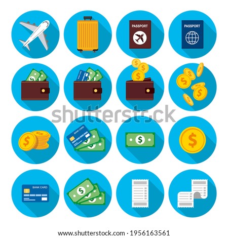 Big set of icons in a circle. Money, gold coins, credit card. Cash and non-cash payments, a bag of money. Flight, plane, suitcase, passport, tourist, vacation, business trip-01.