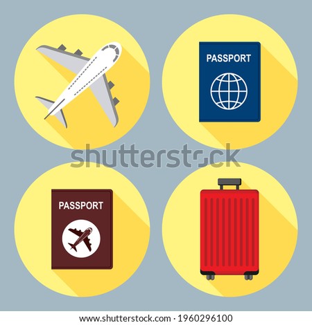 A set of 2D icons in a circle, flight, plane, suitcase, passport, tourist, vacation, business trip-02.